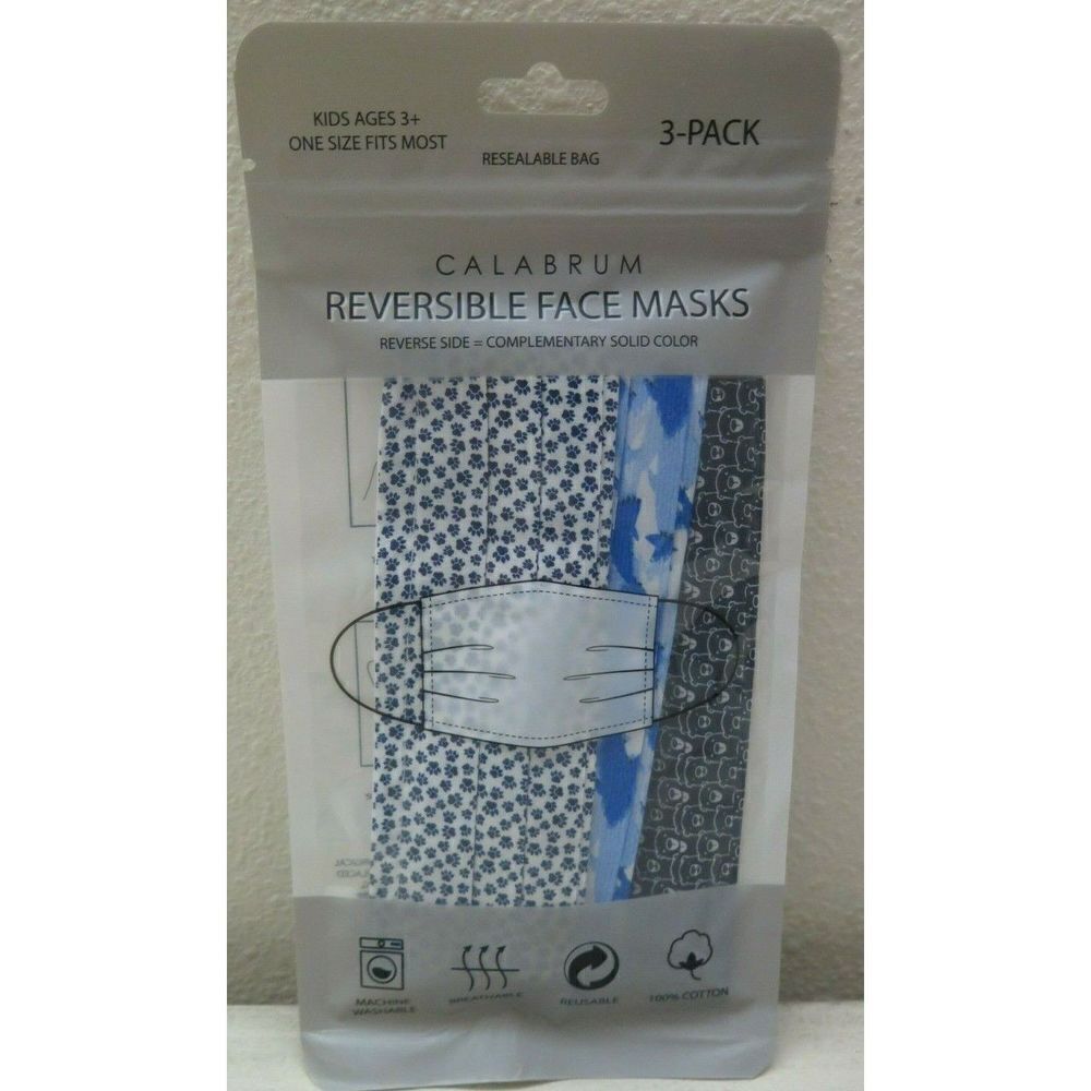 Calabrum Face Masks Reusable 3 Pack Kids 3+ Reversible Cotton Cute Animal Prints